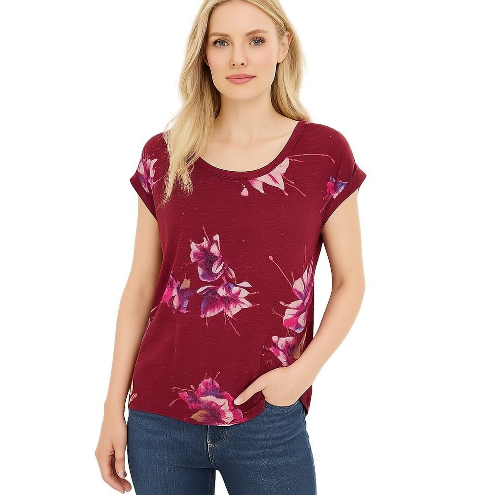NWT White House Black Market Rolled Shoulder Tee Holiday Floral Red XL #WHBM4